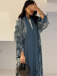 Women's Tie Dye Print Long Sleeve Open Front Abaya, Elegant Casual Tie Dye Print Long Robe, Women's Islamic Clothing for Daily Wear, Abaya Hijab Set, Abayas for Eid, Floral Print Abaya, Abaya Dress Set, Modesty Abaya, Modest Muslim Outfits