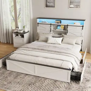 [SummerVibes] Vabches Farmhouse Queen Smart Modern Bed Frame - No Mattress/Box Spring Needed, 4 Drawers, Bookcase Headboard, Sliding Barn Door Storage Shelves, LED Lights, Charging Station, Queen Bed Frame