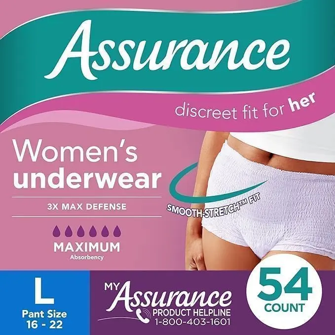 Assurance Postpartum Recovery Underwear Large 54ct Women's Waterproof Incontinence Management 3X Max Absorbency Leak Guards Comfort-Engineered Design Breathable Cotton Womenswear Bathing Day Elastic Essential Maternity Soft Hospital Fit Light Slim  Top