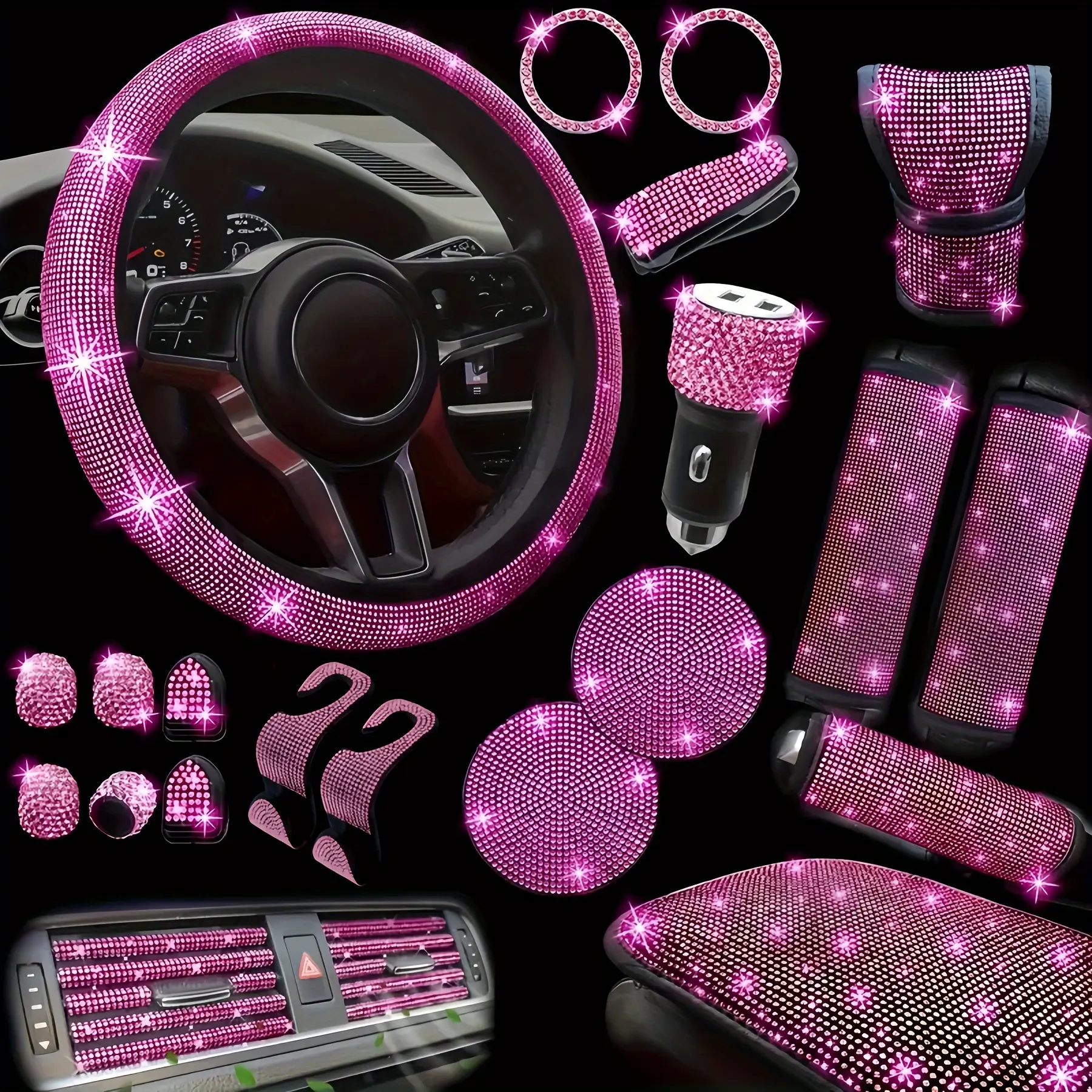 Bling Car Pink Accessories Set - 30pcs Bling Steering Wheel Cover Coasters Seat Belt Pads Emblem Stickers Gear Shift Cover for Women's Ultimate Glam Interior Upgrade