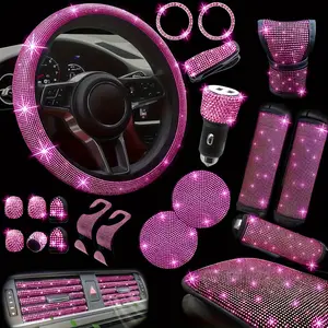 Bling Car Pink Accessories Set - 30pcs Bling Steering Wheel Cover Coasters Seat Belt Pads Emblem Stickers Gear Shift Cover for Women's Ultimate Glam Interior Upgrade