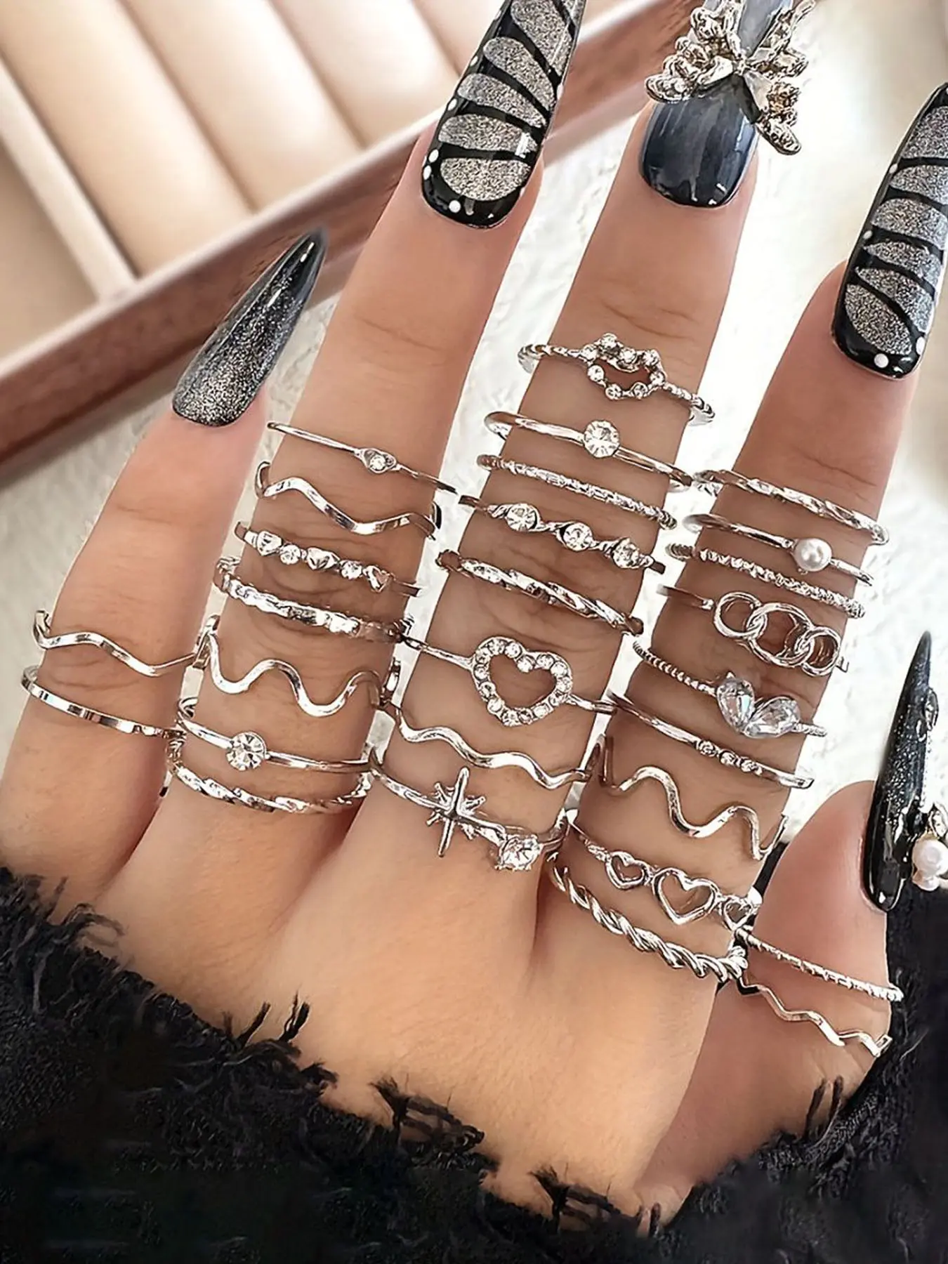 Women's Rhinestone Heart Wave Geometric Joint Rings Set, Beautiful Rings, Rhinestone Ring, Rhinestone Decor Ring, Rhinestone Decorated Jewelry, Casual Daily Wear Jewelry Stackable Design