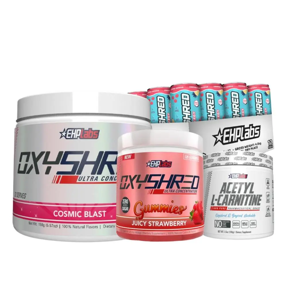 OxyShred Complete 4-Product Fitness Supplement Stack - Powder, Gummies, L-Carnitine, No Sugar Added Energy Drink - Sport Preworkout Energy, Metabolism Support Beverage