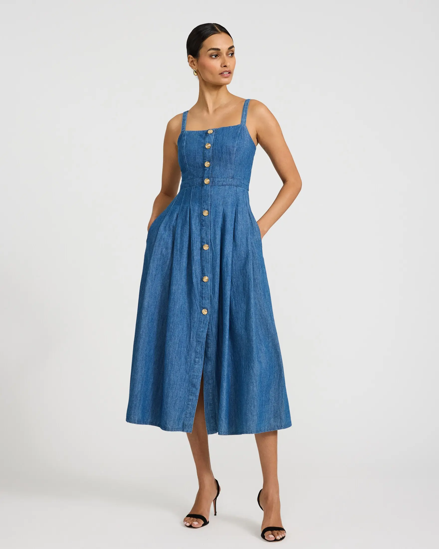 Express Denim Gold Button Front Midi Fit and Flare Dress with Pockets