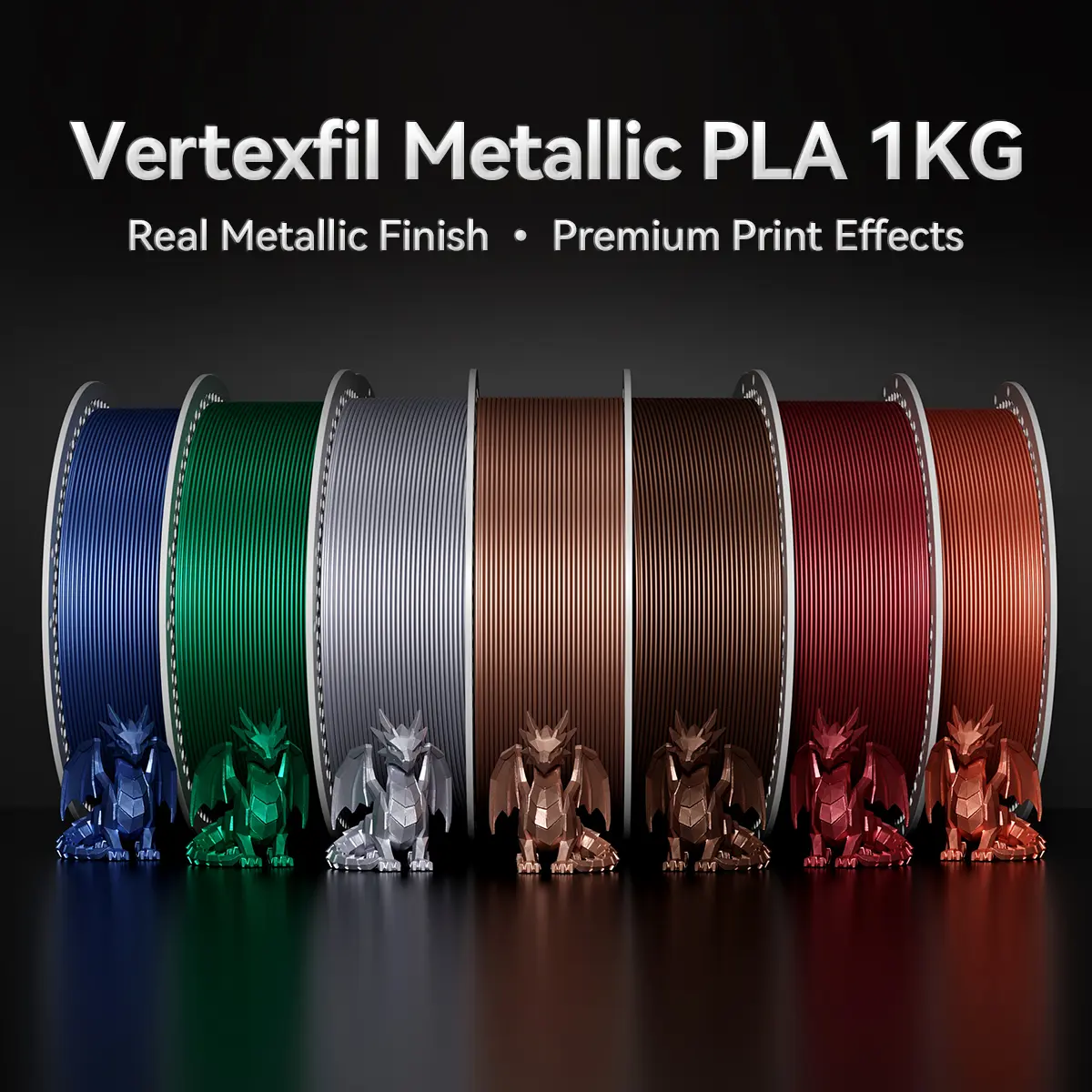VERTEXFIL 1KG Metallic PLA Filament, Premium Metal-Like Finish & Colors, Smooth Printing, Reusable Detachable Spool, Tangle-Free, 1.75mm ±0.02mm, Compatible with Bambu Lab, Creality, Anycubic & FDM 3D Printers
