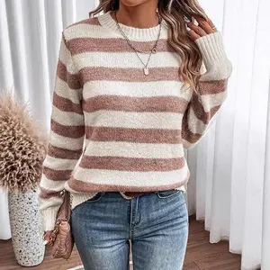 European and American style round neck striped cute color block autumn and winter sweater knitted pullover for women