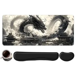 4pcs Ink Style Black Dragon Design Mouse Pad + Keyboard Wrist Rest + Ergonomic Mouse Pad + Coaster Set For Desktop Decoration, Office Accessories Set Ergonomic Wrist Support, Computer Mat Mouse Pad Coaster Suitable For Home Office Gaming