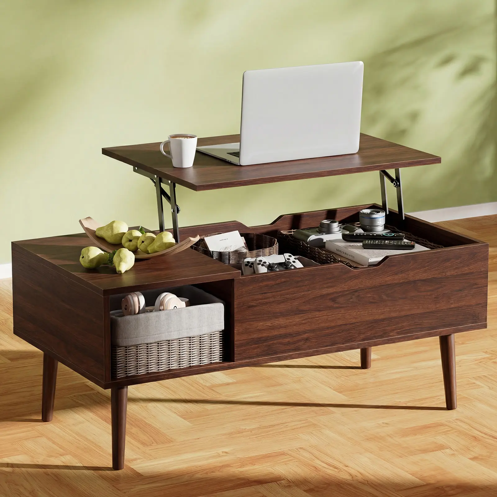 Lift Top Coffee Table with Storage Shelf and Hidden Compartment, Modern Wood Coffee Table for Living Room
