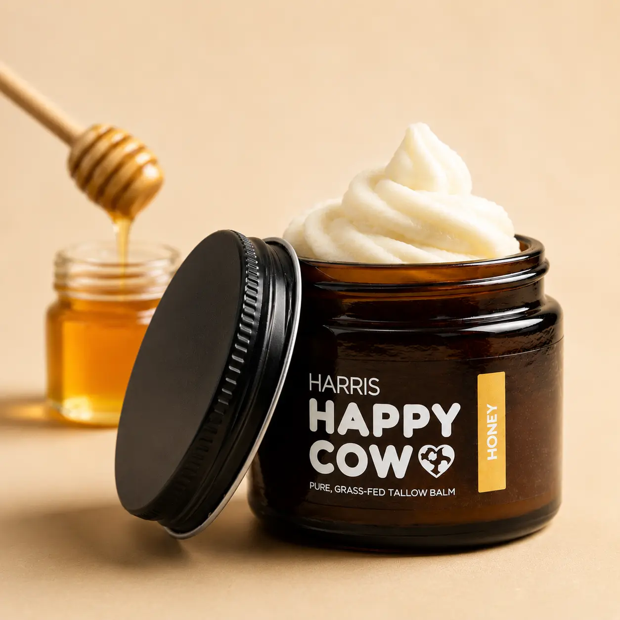 Harris Happy Cow Manuka Honey Grass-Fed Beef Tallow Moisturizer | Deep Hydration for Dry Skin | Made with Manuka Honey Extract | Handcrafted in Idaho | 2oz