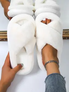 Solid Color Criss Cross Design Fluffy Slippers, Cross Strap Slippers, Casual Comfortable Silent Anti-slip House Slippers for Fall & Winter Indoor and Outdoor Wear, Fall Outfits, Fall Freshness, Footwear