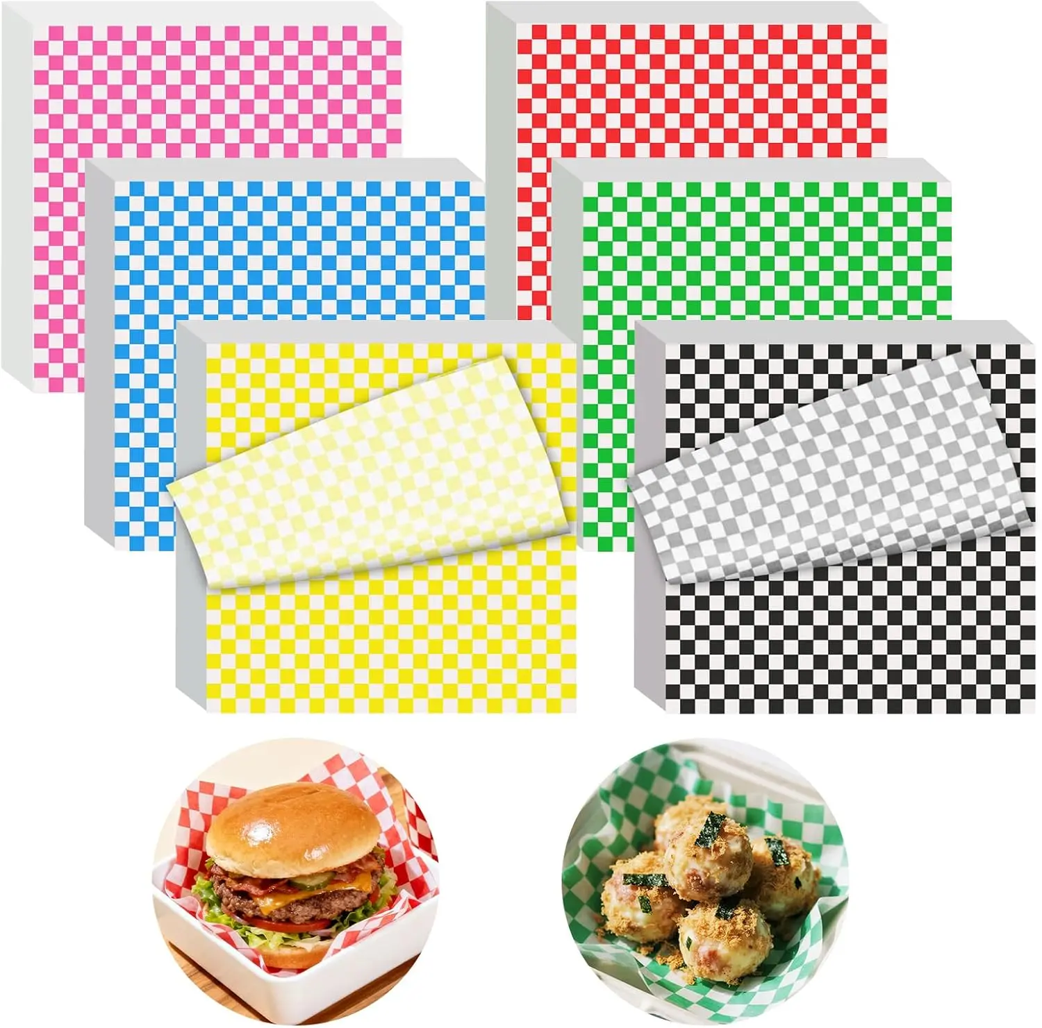120pcs Wax Paper Sheets for Food, 12x12" Variety Pack Checkered Sandwich Wrapping Paper, Greaseproof Deli Sheets, Pre Cut Premium Food Basket Liners for Party, Festival & Outdoors,