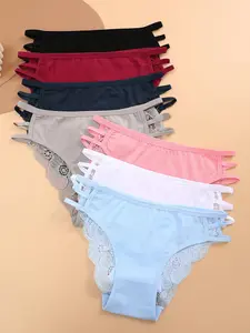 Women's Plain Floral Lace Jersey Panty, Womenswear Soft Comfy Breathable Fit Scallop Cut Out Side Knicker for Daily Wear, Ladies Underwear for All Seasons, Elegant Soft Panties