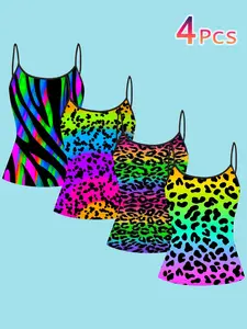 Neon Leopard Zebra Print Strap Top, Women's Slim-Fitting Inner Layer, Casual Style, All over Print, 4 Pieces Set, All Seasons
