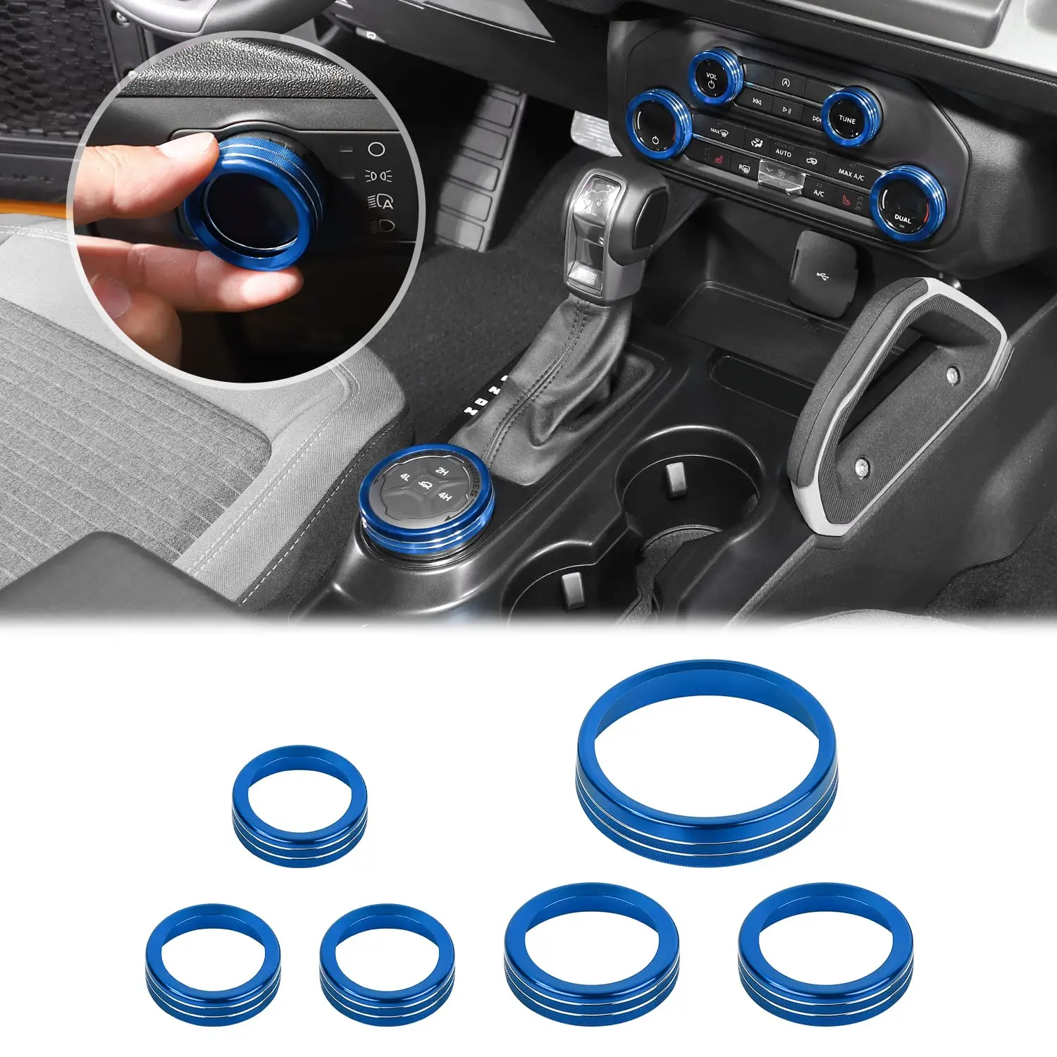 6PCS Blue Aluminum Alloy Car Interior Accessories Kit - AC Headlight Switch Knob, 4WD Trailer Gear Switch Button Covers for 2021-2025+ Ford Bronco (Excludes Bronco Sport) | Accessories for Car, Scratch Guard, Covers Scratches, Auto Accessories