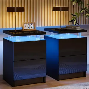 Nightstand Set of 2 with LED Lights, 15IN Black Bedside Table, 2 Storage Drawers, Compact Design for Bedroom, Modern Finish