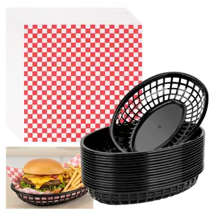 15Pcs Black 1/4 x 6 Inch Oval Foodservice Fast Food Baskets & 100pcs 12x12" Grease Resistant Wax Paper Sheets for Food, Classic Checkered Sandwich Wrapping Paper for Party, Festival and Outdoors