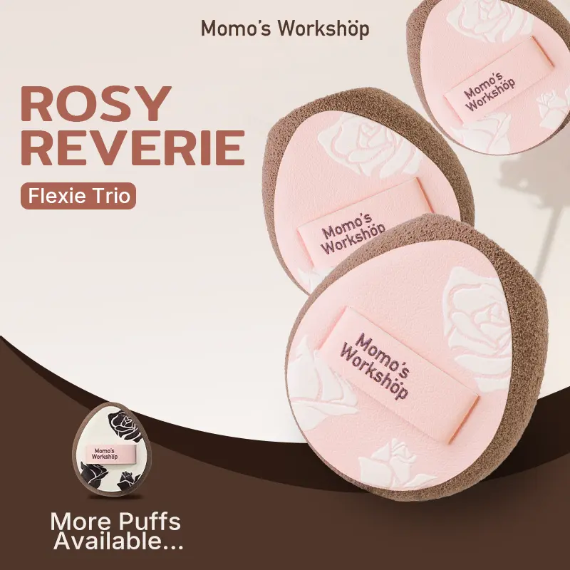 Momo's Workshop Rosy Reverie Flexie Trio Powder Puffs - Oil-Control, Makeup Setting, Cut-Edge Design for Cream/Powder Products, Oily Skin, Travel-Friendly with Storage Case, Powderpuff, Beauty Puff