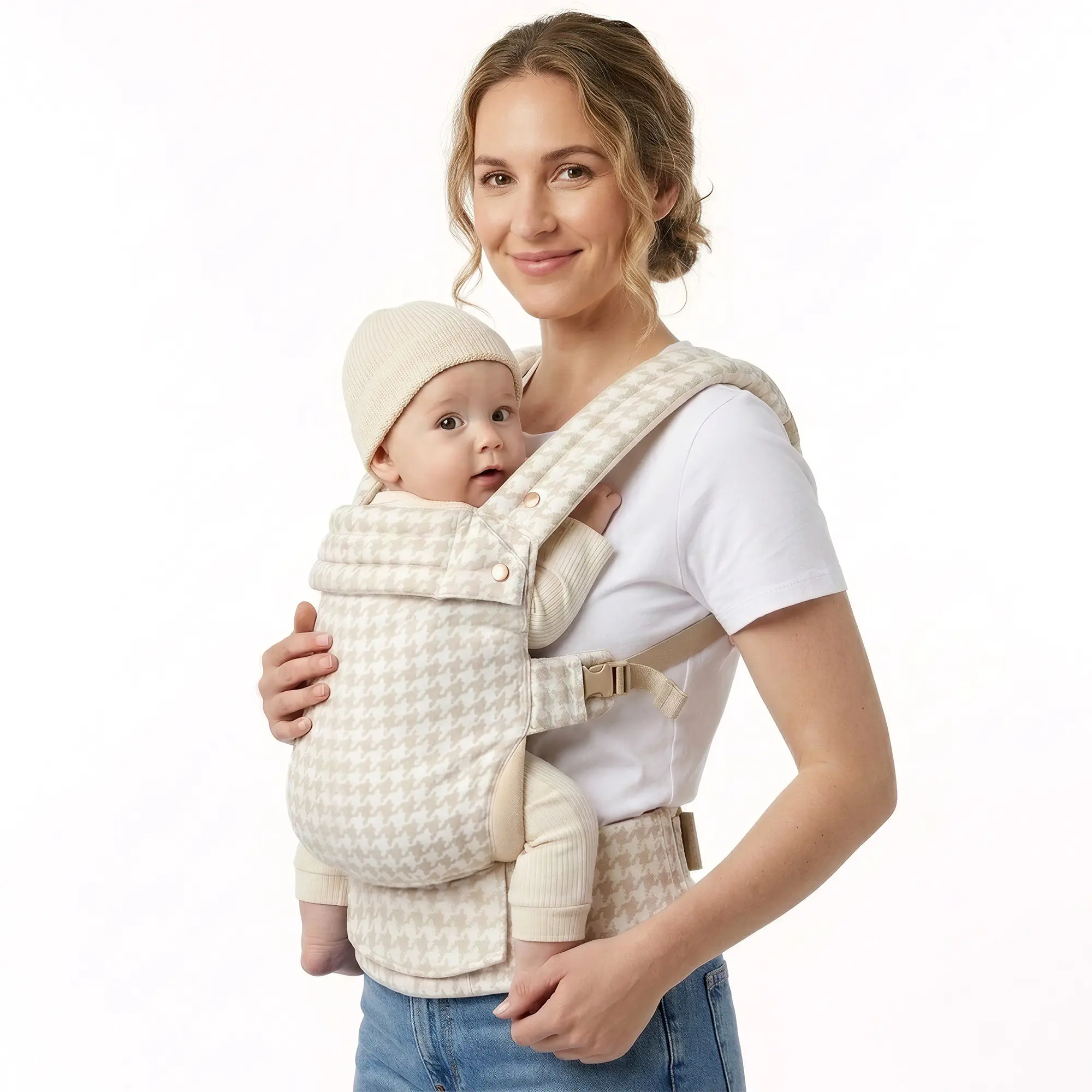 Ergonomic Houndstooth Baby Carrier, Breathable Cotton Linen Adjustable 3-Position Backpack for Newborns & Toddlers 7-40 lbs, Portable for Hands-Free Travel