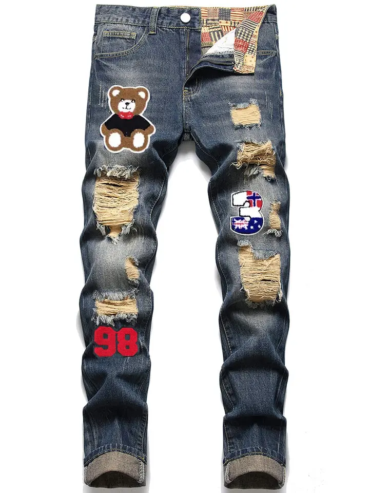 Men Cotton Hand Print Ripped Jeans