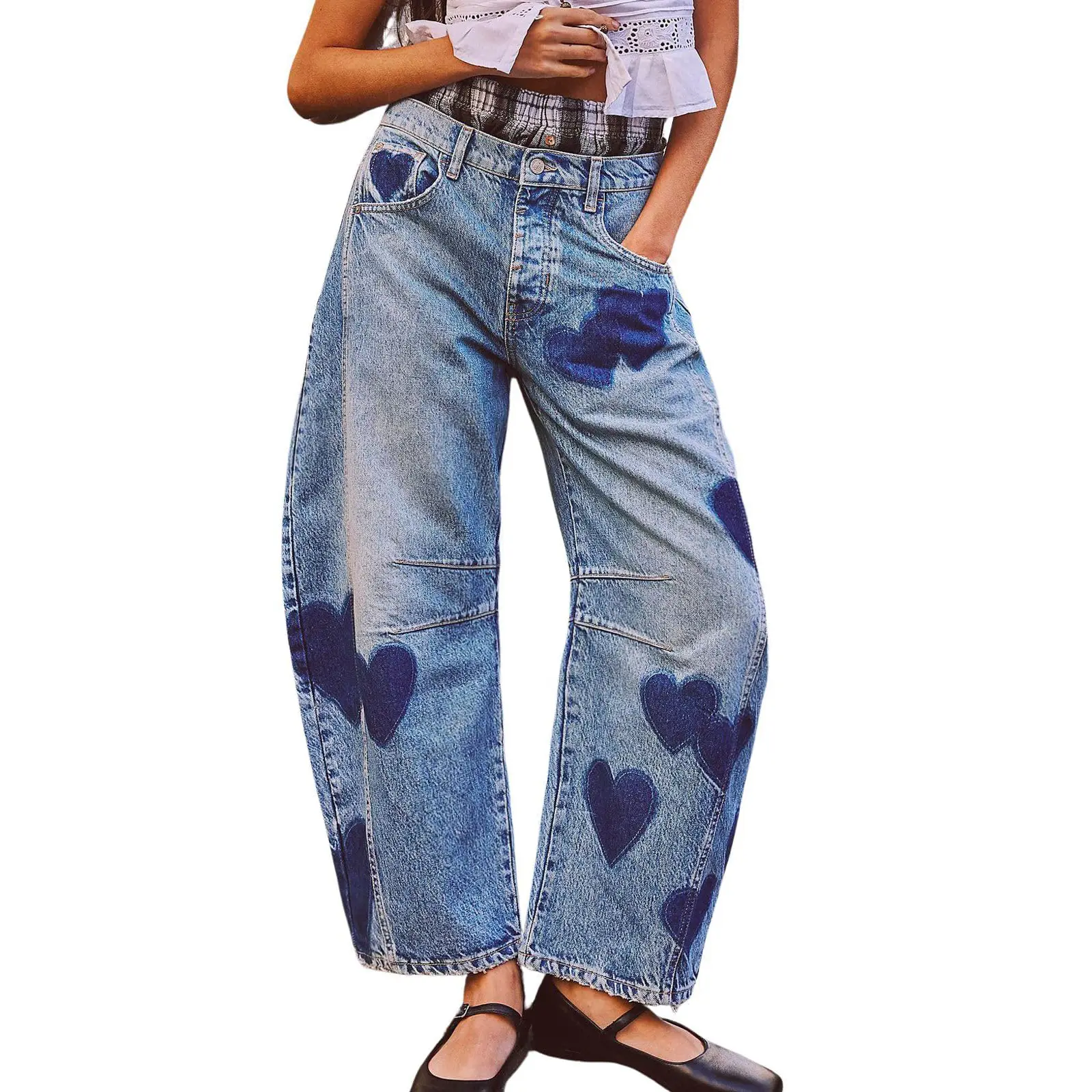 Chouyatou women's casual printed horseshoe jeans Y2k loose mid-rise versatile jeans Chouyatou women's casual printed horseshoe jeans Y2k loose mid-rise versatile jeans