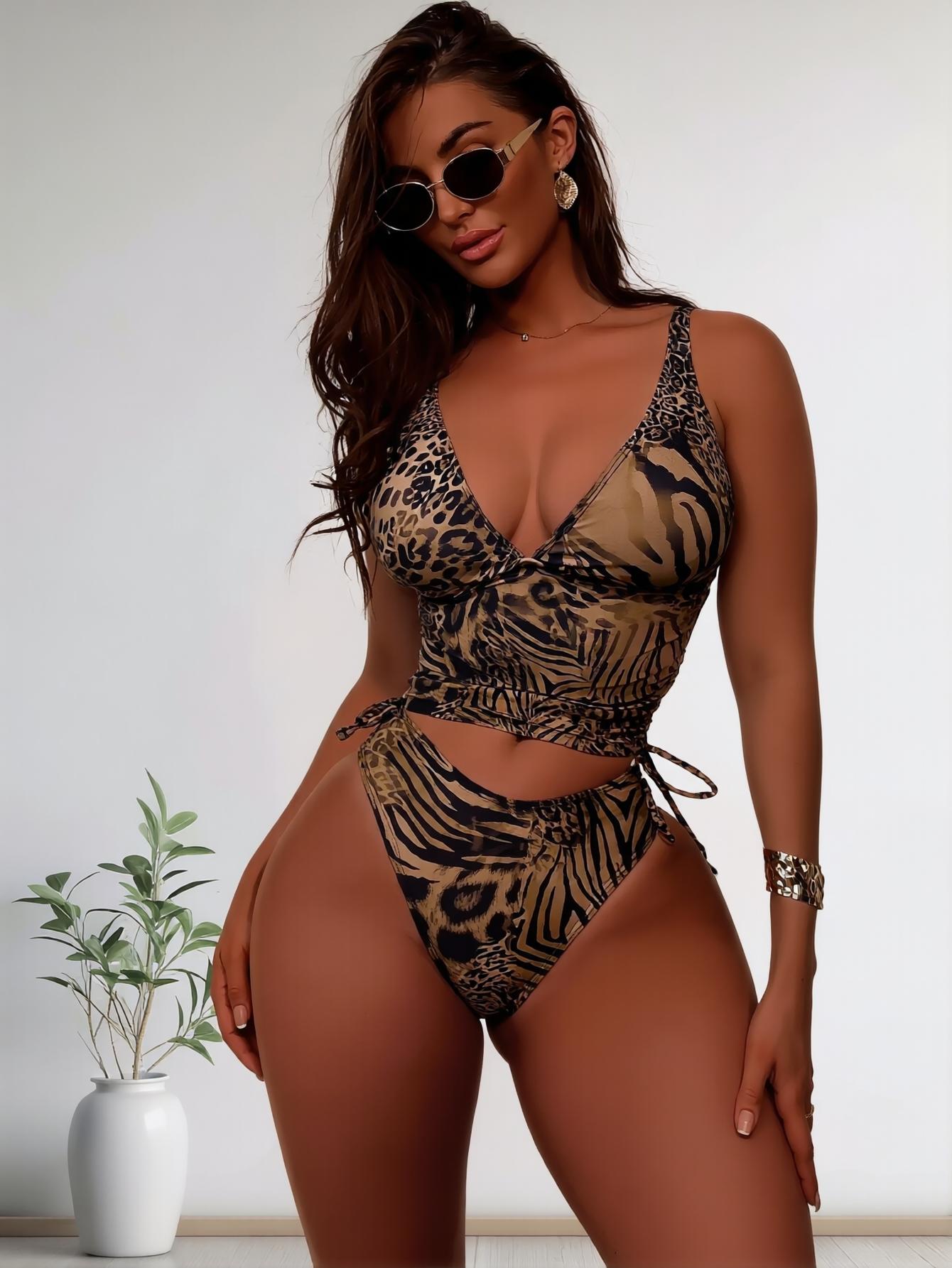 Leopard Print V Neck Two Piece Bikini Set Tie Side High Cut Tummy Control Swimwear