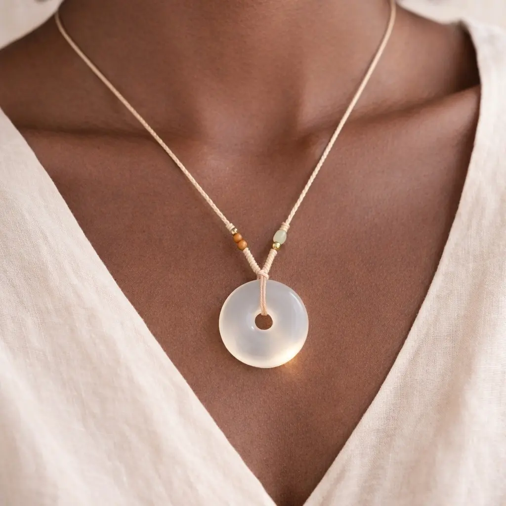 Natural White Jade Donut Necklace – Minimalist Calm Energy Pendant