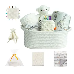 CREVENT Baby Gift Set Storage Basket with 2 Baby Blankets, Security Blanket & Taggie, Gift Bag with Ribbon, Perfect Cozy Cute Baby Shower & Baptism Gift, Ivory, Unisex, 5Items