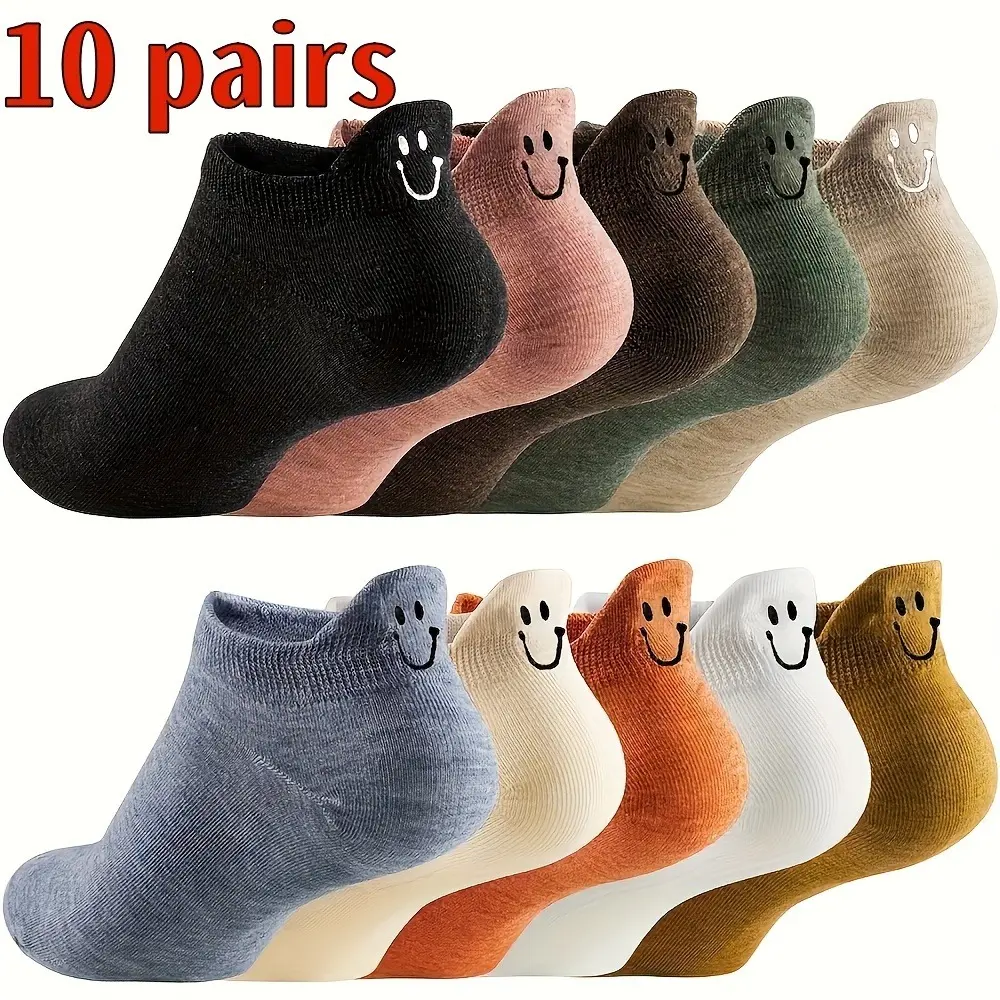 Women's 10pcs Sock Packs - Breathable Soft Low-Cut Ankle Socks with Cartoon Smiling Faces Print, Assorted Colors (Black,Pink,Brown,Green,Beige,White), All-Season Basic Minimalist Everyday Fashion