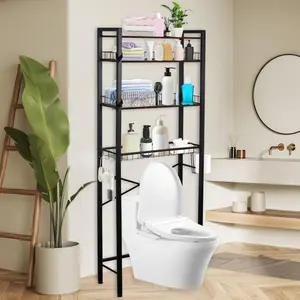 Over-The-Toilet Storage Rack 4-Tier Bathroom Space Saver Over-The-Toilet Shelf Freestanding Over-Toilet Organizer with Adjustable Shelf Above Toilet Organizer Rack with Hooks for Restroom, Laundry