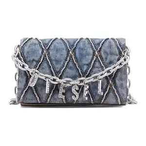 Diesel Charm D Metal Logo Charm with Fabric and Synthetic Leather Crossbody Sling Bag in Denim Blue for Women