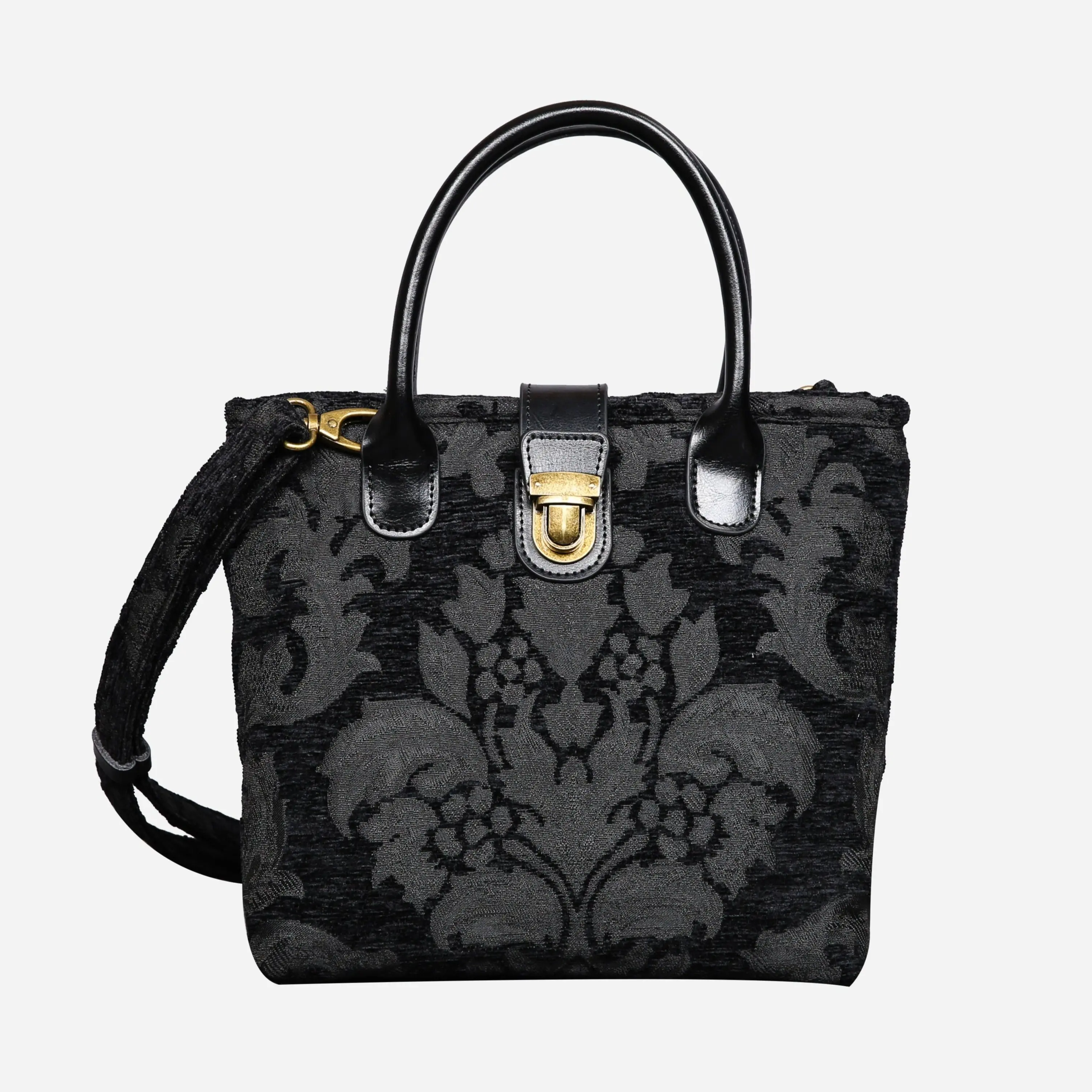 Victorian Blossom Black/Black Tuck Lock Carpet Satchel