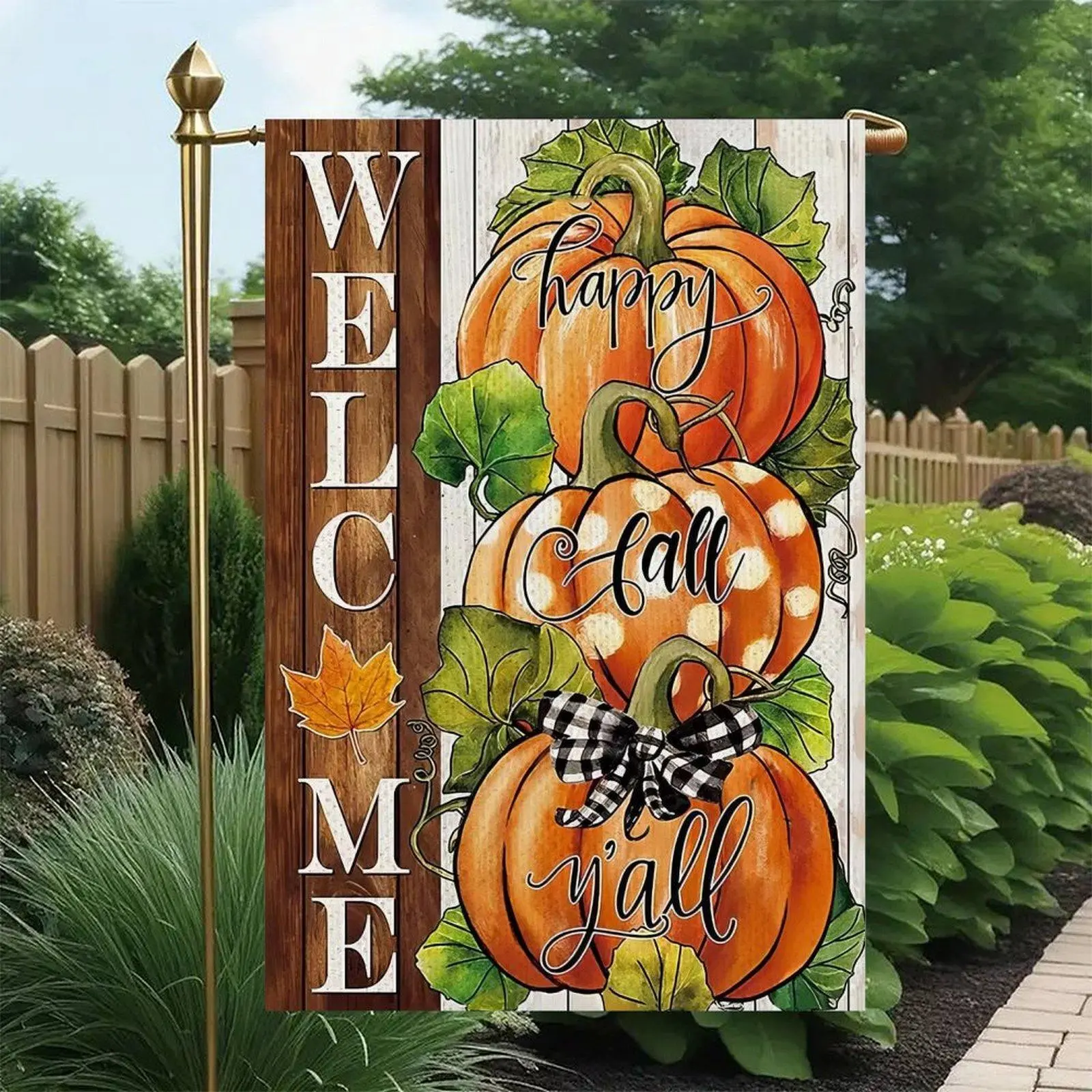 12x18in Double-Sided Print Heat-Transferred Fall Farmhouse Garden Flag, Welcome Happy Fall Y’all Polka Dot Pumpkins Buffalo Plaid Bow Rustic Wood Design, 1-Piece Outdoor Display Country Patio Banner, sd20505003