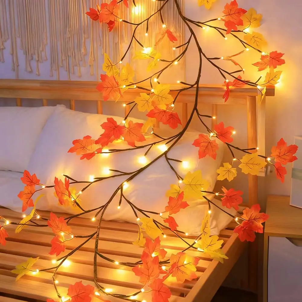 1.8M 96-LED USB Artificial Maple Leaf Branch Vines Lights - 8-Mode Novelty Fairy Tale Halloween Lighting with Remote, Wall Hanging Home Festive Party Decoration Supplies