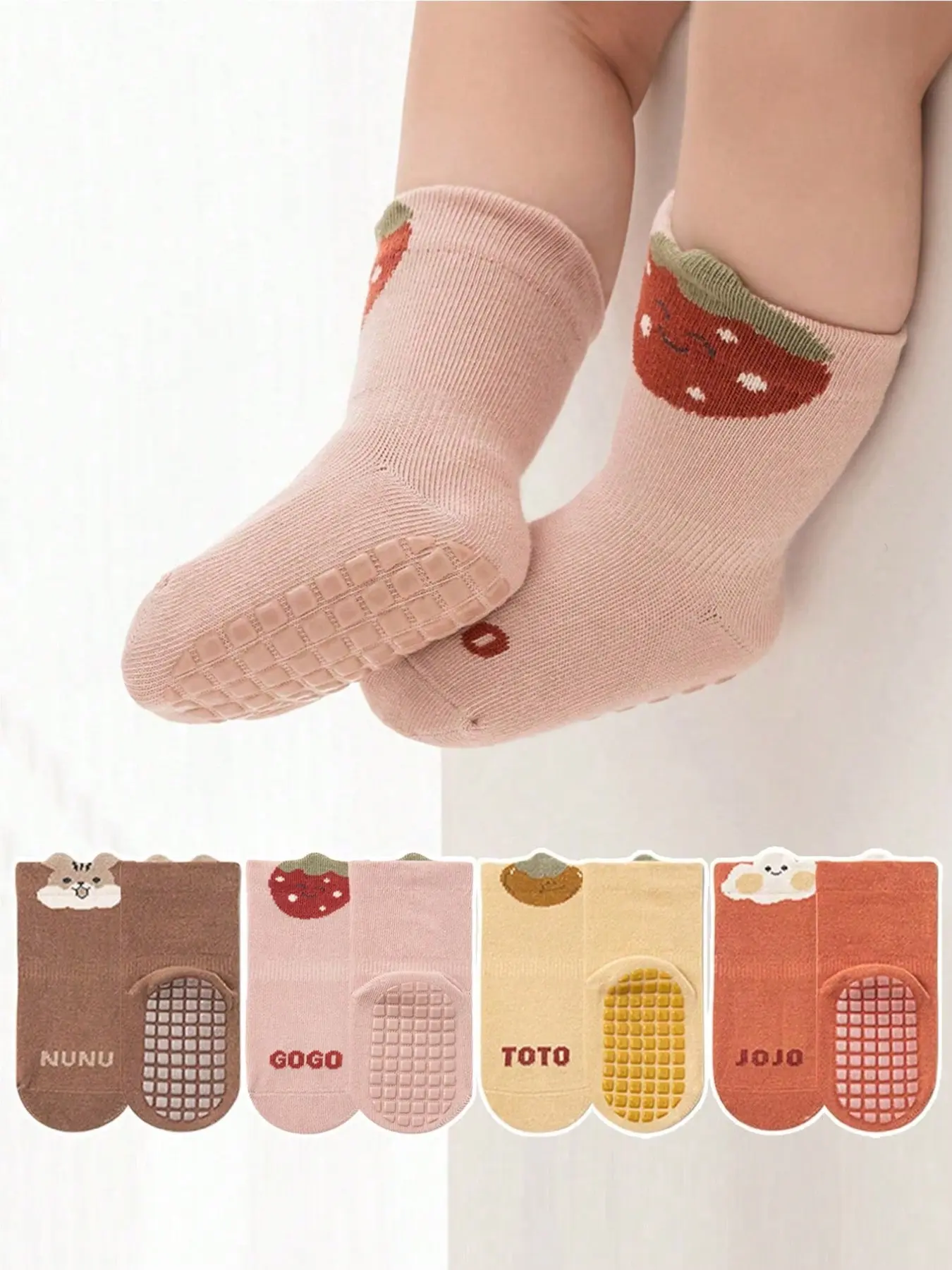 4 Pairs Baby Floor Socks Cartoon Fruit Animal Design, Soft Sole Non-Slip Indoor Shoes for Boys & Girls, Toddler Socks with Grips, Perfect for Daily Use, Elastic Socks, Cute Socks