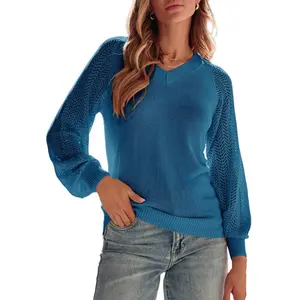 Dokotoo Women's Casual V-Neck Long Sleeve Sweaters Solid Color Pullover Knit Sweater Jumper Tops