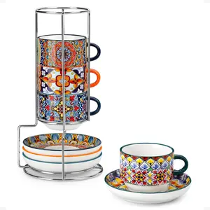 vancasso Stackable Espresso Cups Set of 4 with Metal Stand, Boho Style Ceramic Cappuccino, Espresso & Tea Cups, Space-Saving Design, Microwave & Dishwasher Safe, Ideal for Coffee & Tea Bar, Home Use