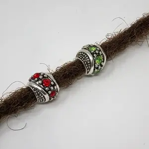 25 Piece Rondelle Alloy Rhinestone European Beads Antique Silver, Mixed Color Dreadlock Beads