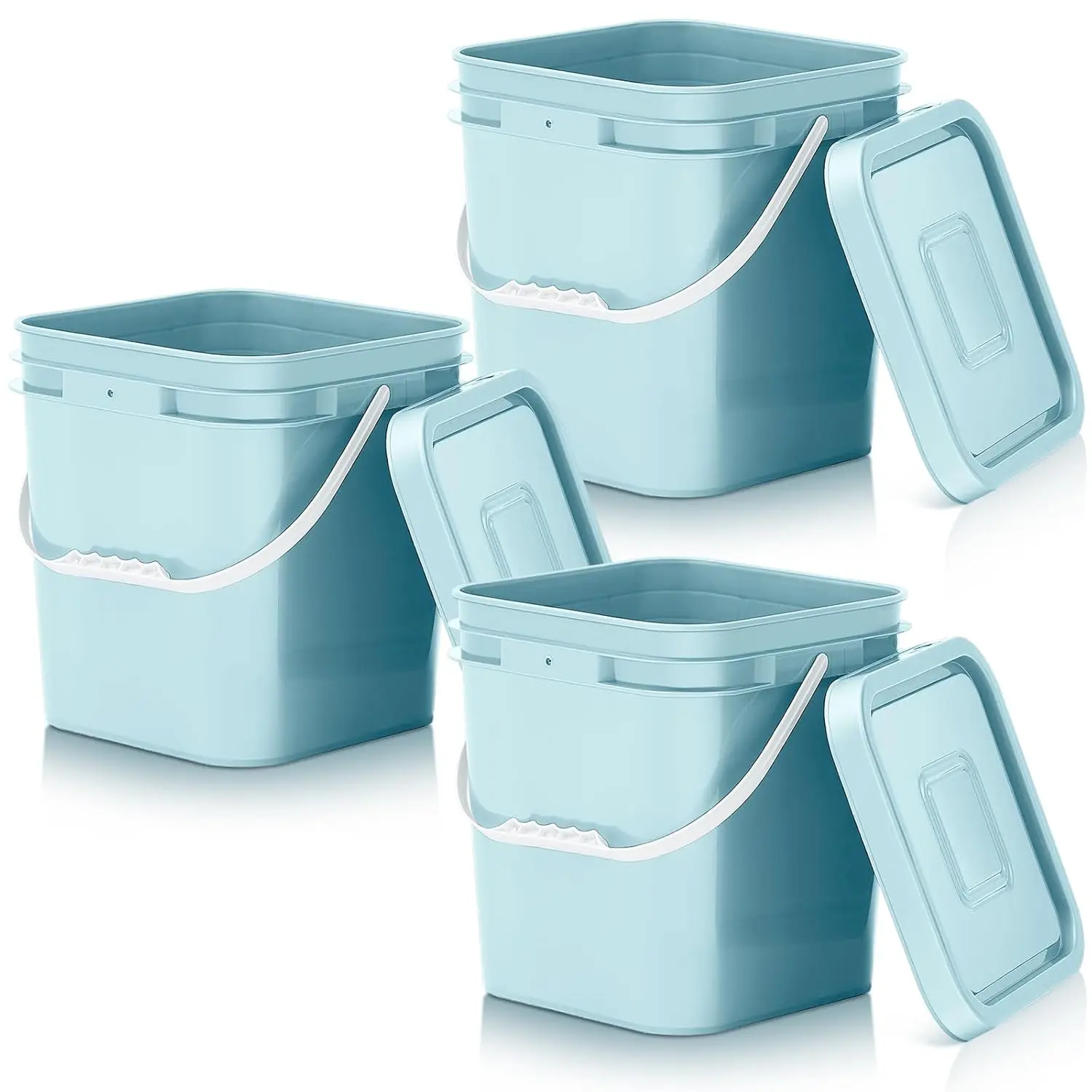3 Pcs 3.5 Gallon Square Food Grade Buckets with Lids - Aqua Plastic Pails with Handles, for Dry Food Storage, Charcoal, Camping & Fishing