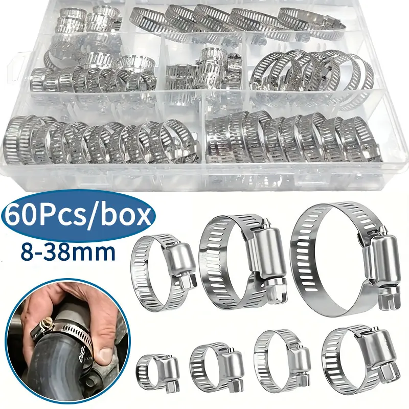 Stainless Steel Hose Clamp Set, 60 Pieces Adjustable 1/4 Inch - 1-1/2 Inch（6-38mm）, Worm Gear Metal Fuel Clamps for Water Hose, Pipes, Cars, Machinery, Hose Attachment