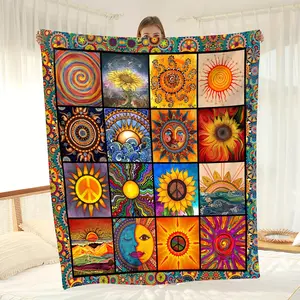 Colorful Mandala Sunflower Throw Blanket - Vintage-Inspired Soft Flannel, All-Season Cozy Sofa & Bed Decor, Ideal Gift for Friends, Artistic Design with Peace & Nature Motifs