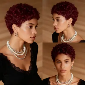 Wear and Go Glueless Short Burgundy Kinky Curly Human Hair Wig for Black Women, Natural Afro Pixie Cut, No Glue Needed, Easy Daily & Party Wear