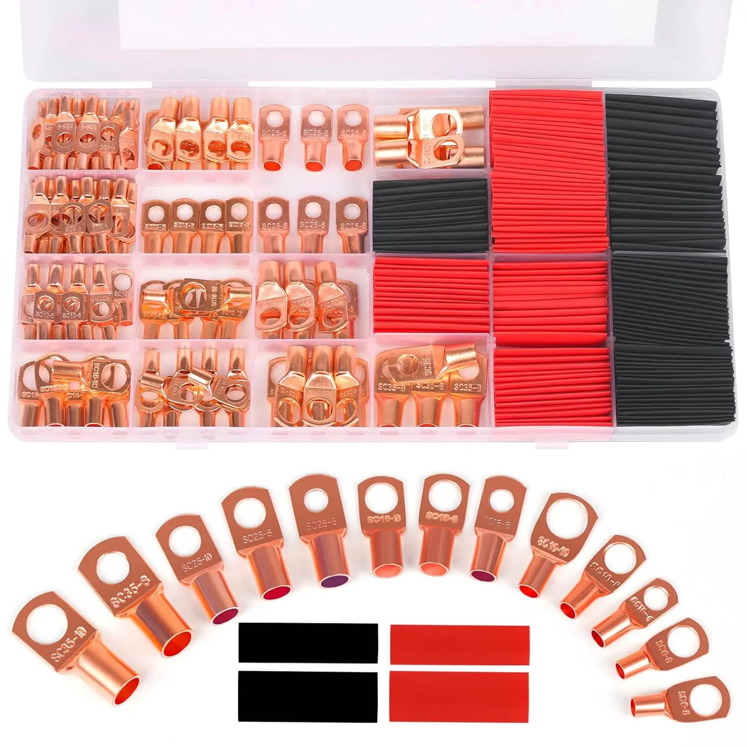 Multi-Size Pure Copper Wire Lugs & Ring Terminals Set with Plastic Box - 64+66 Count, Corrosion Resistant, AWG 12-2 Gauge Compatible, Bare Copper Eyelets, Heat Shrink Tubing for DIY Home Projects, Solar Panels, Golf Carts, Distribution Box