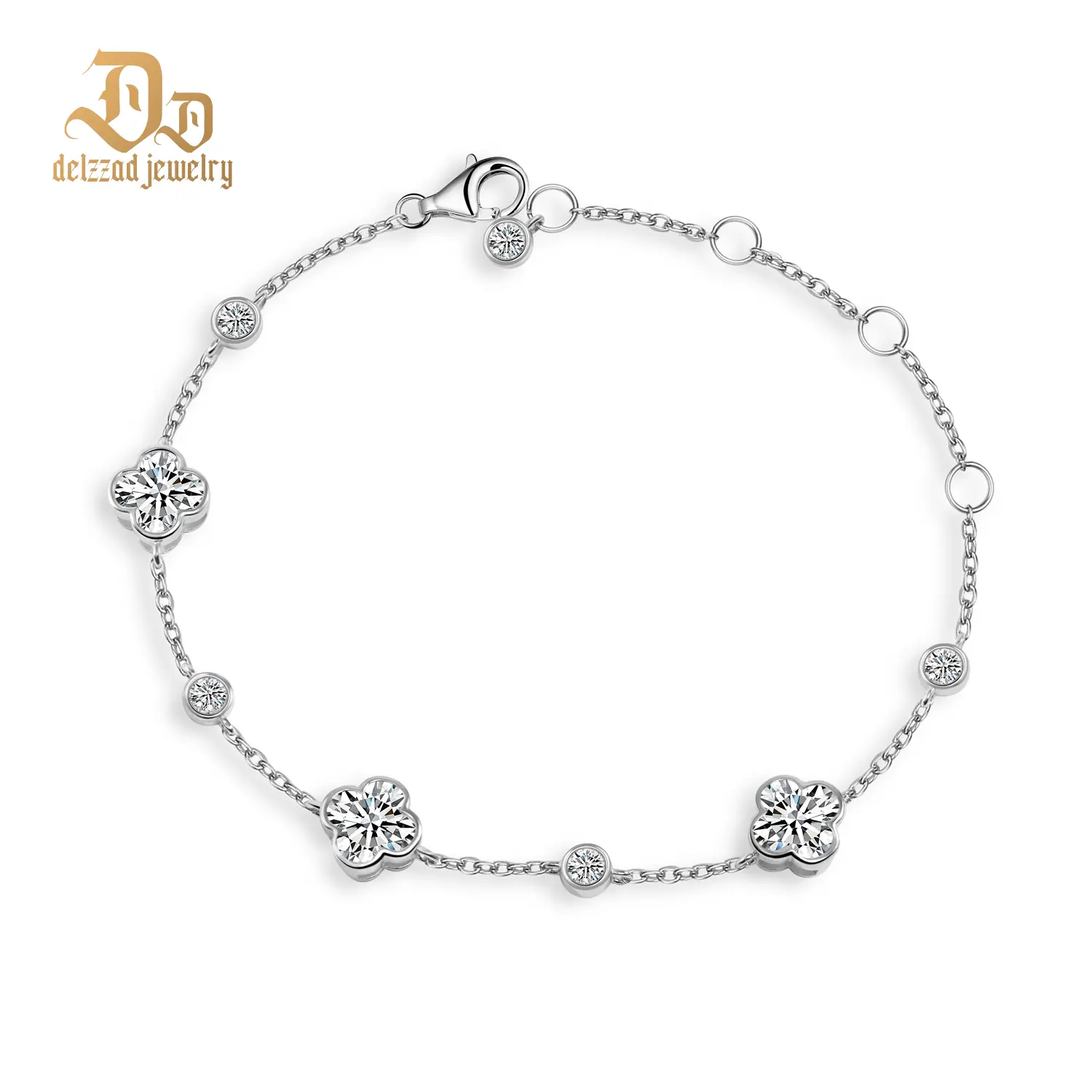 Delzzad 3.5ct Four Leaf Clover Cluster Adjustable Bracelet Lab-Created Moissanite Bracelet S925 Sterling Silver Moissanite Jewelry Engagement Wedding Anniversary Perfect Christmas Gifts