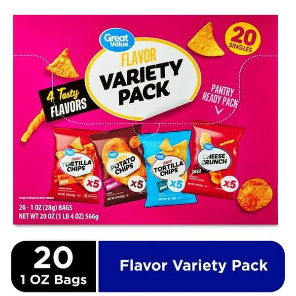 Great Value Sabritas Flamin' Hot Cheese-Infused Fried Potato Chips Variety Pack - 1 oz, 20 Bags, Cholesterol-Free, 4 Bold Mix Flavors, Crunchy Texture, Vegetarian BBQ Heat Hit Snacks for Parties & Lunchboxes with Taffy, Affordable