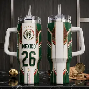 [MADE IN US] Mexico Inspired 40oz Tumbler with Handle & Straw, Personalized Soccer Fan Cup, International Game Day Travel Mug, Sports Lover Gift
