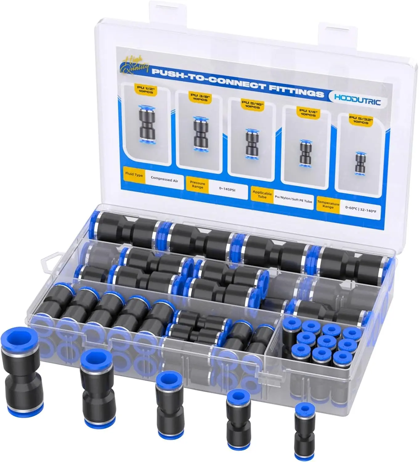 50PCS Quick Connect Air Hose Fittings Kit 5/32 1/4 5/16 3/8 1/2 Inch Straight Push to Connect Pneumatic Connectors for Air Line Tubing