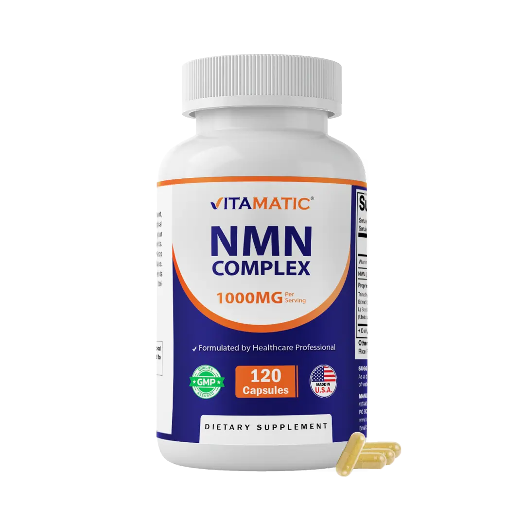 Vitamatic NMN Antiaging Natural Dietary Supplement Complex - 1000 mg Per Serving, Resveratrol, CoQ10, TMG - 120 Vegetarian Antioxidant Capsules, Non-GMO, Gluten Free, Made in USA for Body Health & Glutathione Glow, Antiaging Capsules