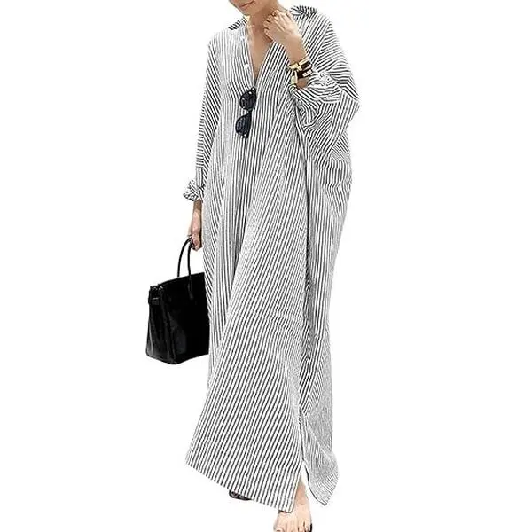 utcoco Women's Casual Striped Maxi Shirt Dress, Long Sleeve Button Down Loose Fit, Soft Lightweight Cotton for Spring Vacation