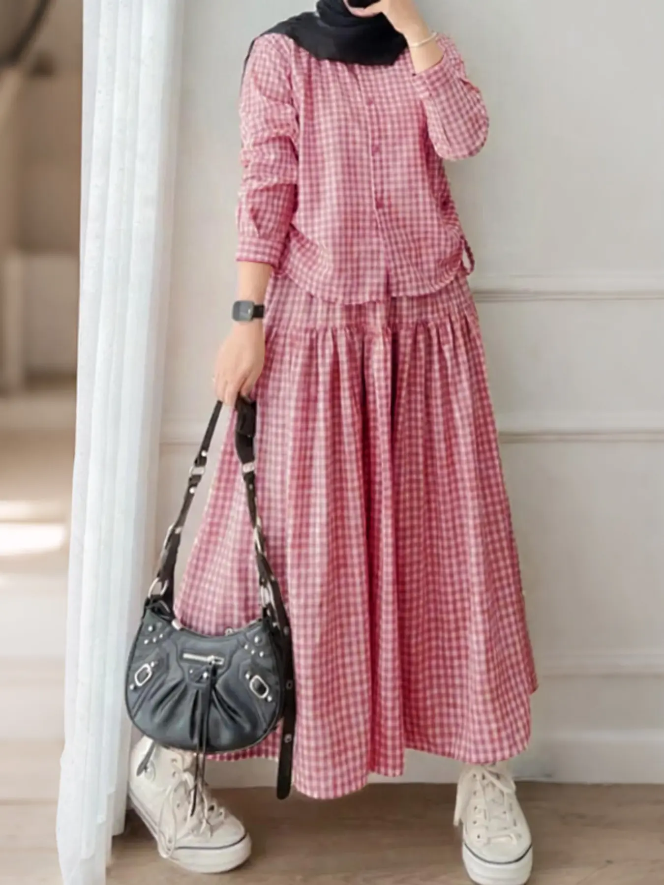 Women's Casual Gingham Set, Two Piece Set Women, Matching Set Outfit, Round Neck Long Sleeve Button Front Shirt + High Waist Skirt, Loose Fit, All Seasons, Daily Commute Wear, Outfit Sets Women, Fashion Set, Clothes Sets