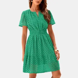 PrettyGarden Women Summer Short Dress V Neck Short Sleeve A Line Hollow Out Lace Ruffle Cute Casual Beach Party Formal Dresses,-Chic Womenswear #Summervibes